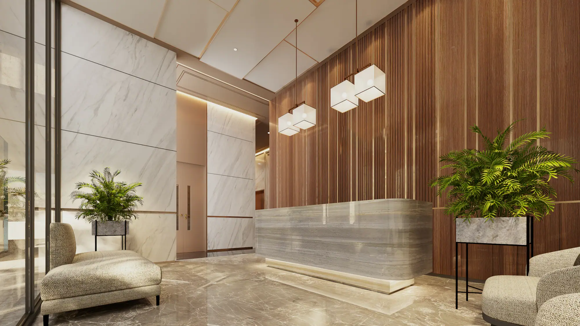 A modern full-service hotel lobby: marble reception desk, wood panelling and planting